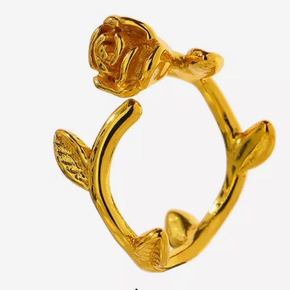 18k Gold Leaf Handcrafted Rose Ring 6-8 - Picture 6 of 8